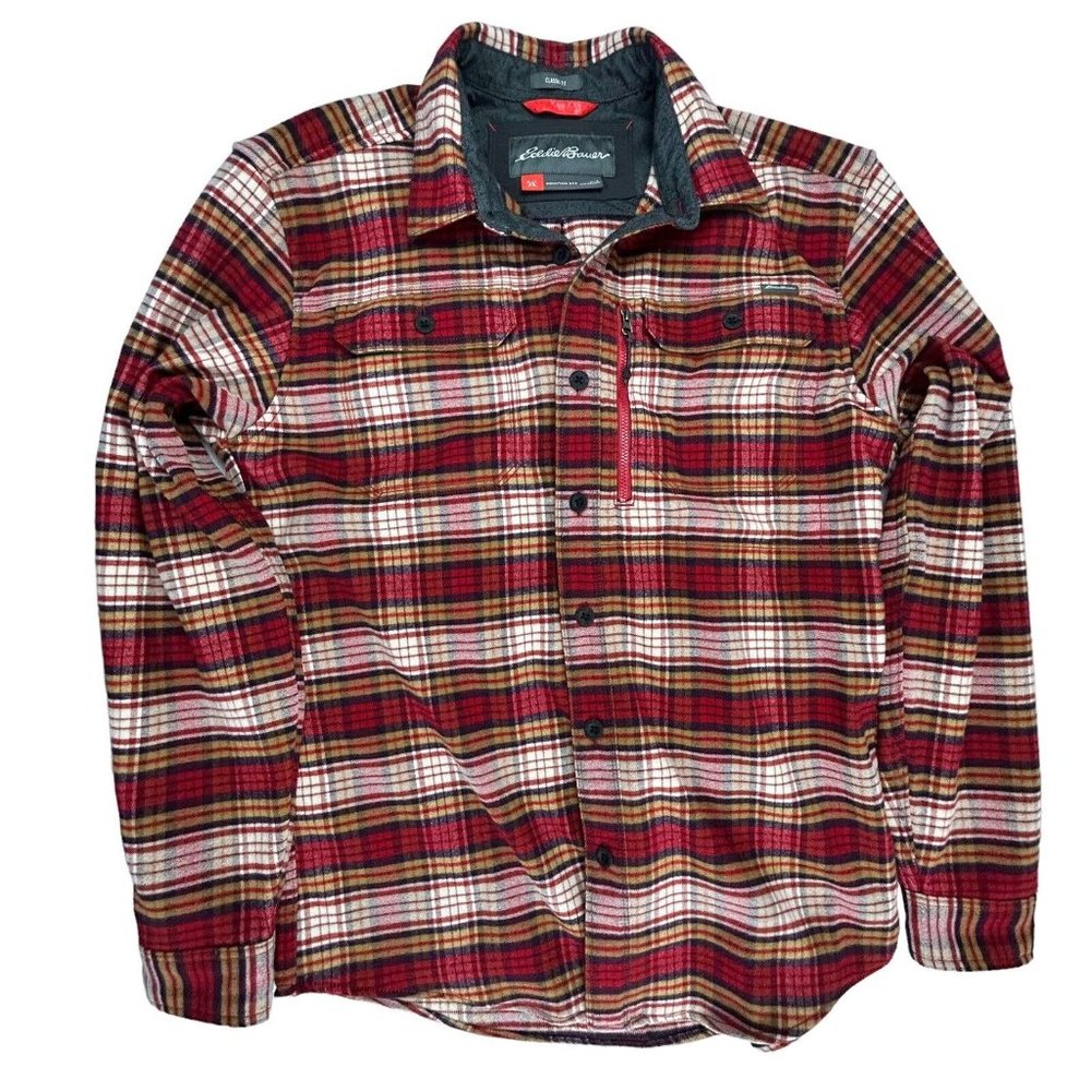 Eddie Bauer Large Mountain OPS Heavy Flannel Plaid Shirt Shacket Men Red